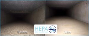 Side-by-side comparison of air duct interior before and after professional cleaning